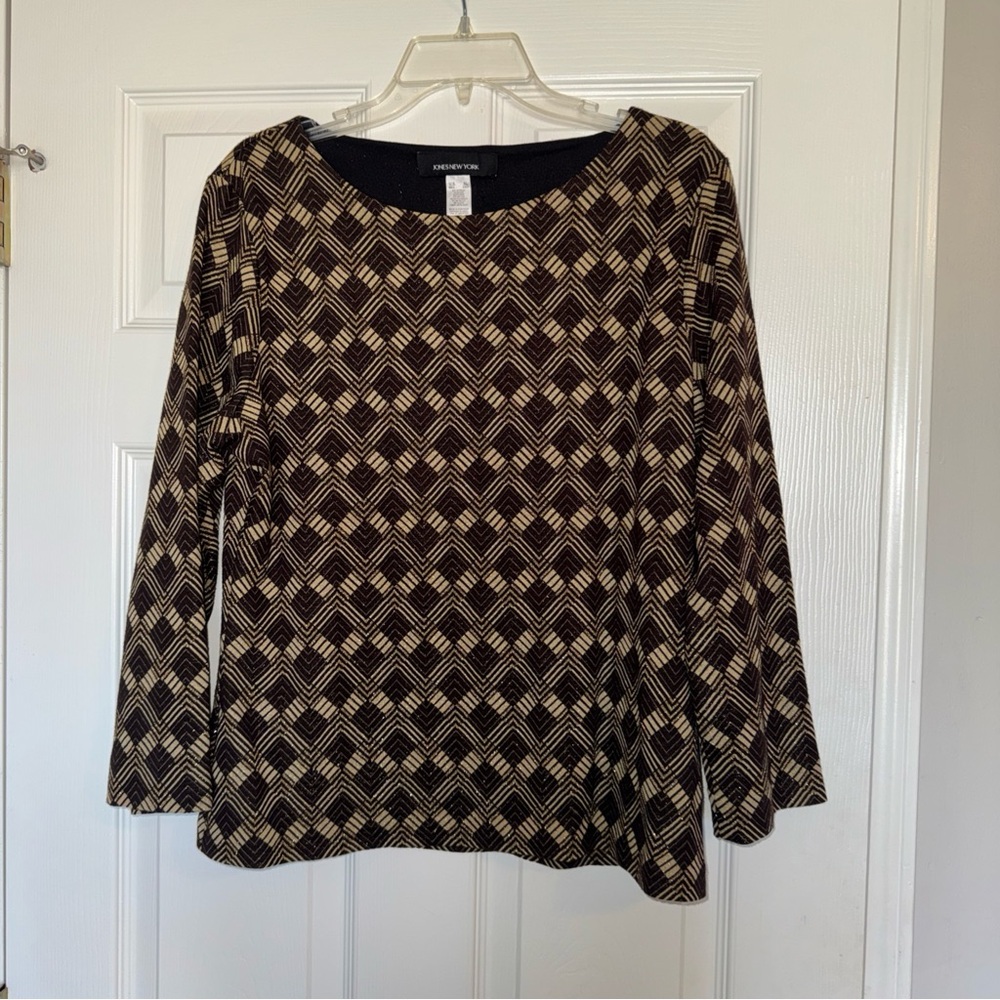 Jones New York Black and Cream Patterned Long Sleeve Top